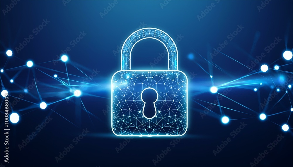 Cyber security concept. Lock symbol from lines and triangles, point connecting network on blue background. 3d padlock against a neon light blue with a dark background Cyber security concept. Lock symbol from lines and triangles, point connecting network on blue background. 3d padlock against a neon light blue with a dark background