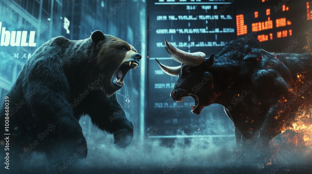 Stock market. An angry grizzly and an angry black horned were ready to fight on the background of the graphics. Bull and bear stock market concept image