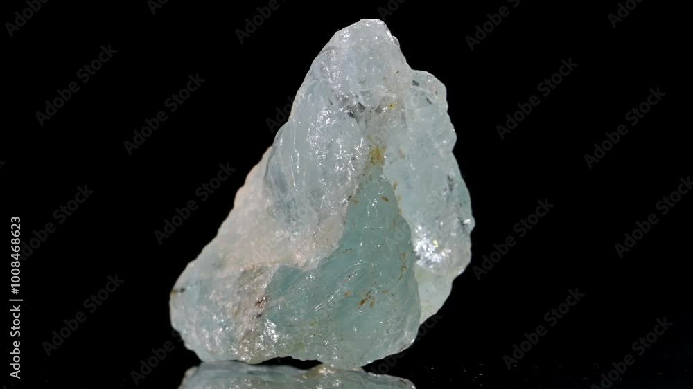Aquamarine (blue form of Beryl) specimen rotating slowly against a black background. Aquamarine (blue form of Beryl) specimen rotating slowly against a black background.