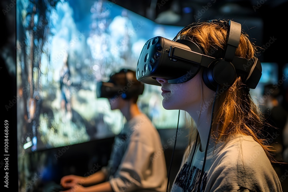 Gamers Fully Immersed in Futuristic Virtual Reality Environment with 3D Digital Avatars Gamers Fully Immersed in Futuristic Virtual Reality Environment with 3D Digital Avatars