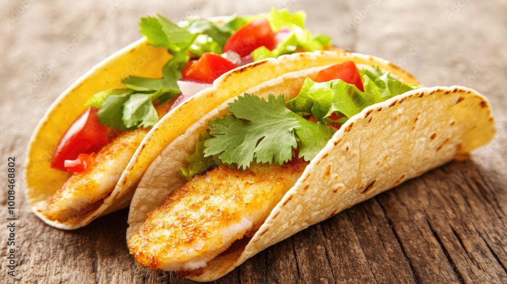 A juicy fish taco filled with colorful ingredients, garnished with fresh cilantro, set on a rustic table A juicy fish taco filled with colorful ingredients, garnished with fresh cilantro, set on a rustic table