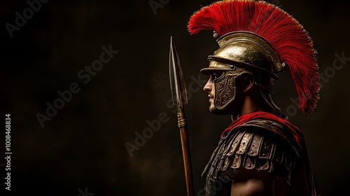 37. Roman centurion standing tall with a red plume helmet and spear