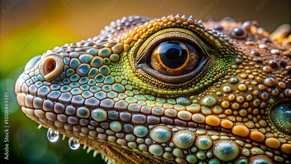 Close-up of a lizard's eye and intricate skin texture, showcasing a complex pattern of scales in a palette of green, yellow, brown, and blue Close-up of a lizard's eye and intricate skin texture, showcasing a complex pattern of scales in a palette of green, yellow, brown, and blue