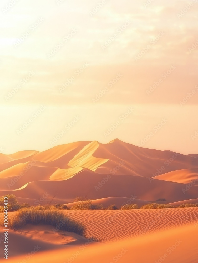Golden sand dunes at sunrise with a hint of green vegetation in the foreground. Golden sand dunes at sunrise with a hint of green vegetation in the foreground.