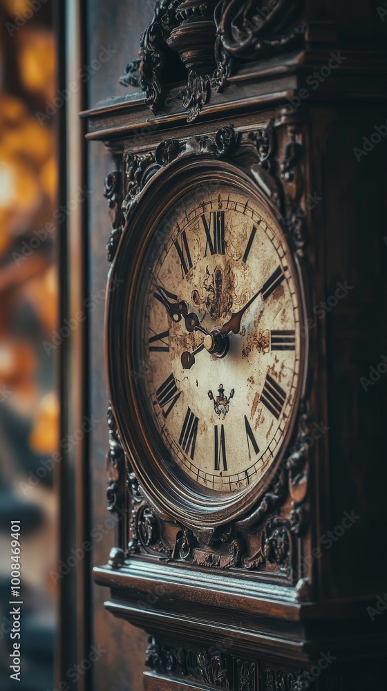 A charming real-life photo of an antique clock, showcasing its intricate details and vintage design, set against a classic backdrop, with plenty of open space for adding text or additional elements A charming real-life photo of an antique clock, showcasing its intricate details and vintage design, set against a classic backdrop, with plenty of open space for adding text or additional elements