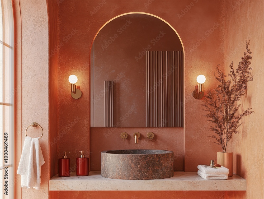 A bathroom with a sink and a mirror. The sink is made of stone and has a red soap dish. There are two light bulbs above the sink A bathroom with a sink and a mirror. The sink is made of stone and has a red soap dish. There are two light bulbs above the sink