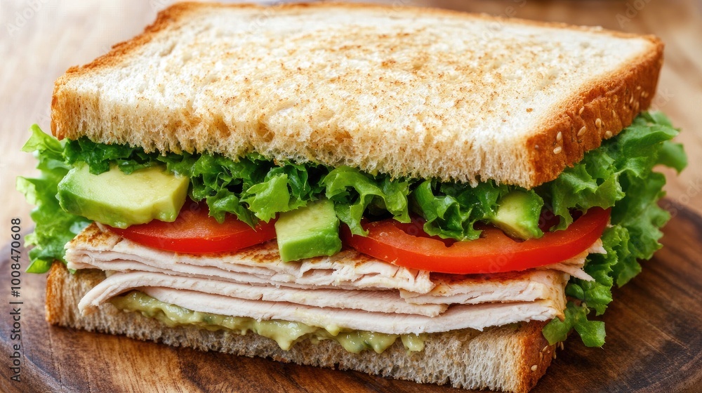 A juicy turkey sandwich stacked high with fresh veggies and creamy avocado, served on a wooden platter A juicy turkey sandwich stacked high with fresh veggies and creamy avocado, served on a wooden platter