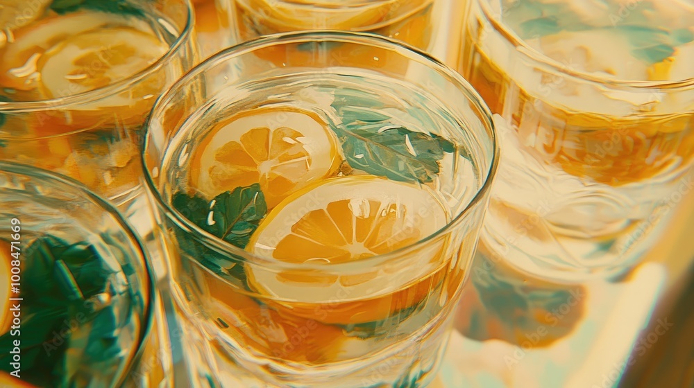 A refreshing glass of lemonade with juicy lemon slices and mint leaves, set against a bright summer backdrop A refreshing glass of lemonade with juicy lemon slices and mint leaves, set against a bright summer backdrop
