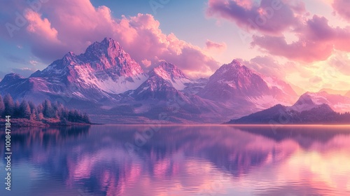 Serene pink and purple mountain landscape with clouds, reflecting in a tranquil water body under sunset light, perfect for nature travel scenes.