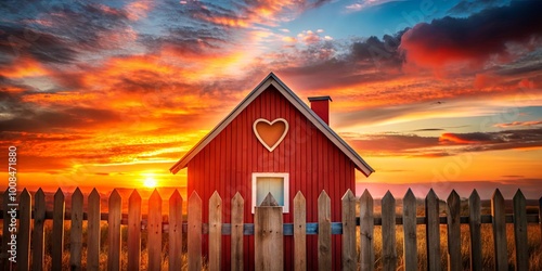 A red house with a heart-shaped window stands framed by a wooden fence against a breathtaking fiery sunset. photo