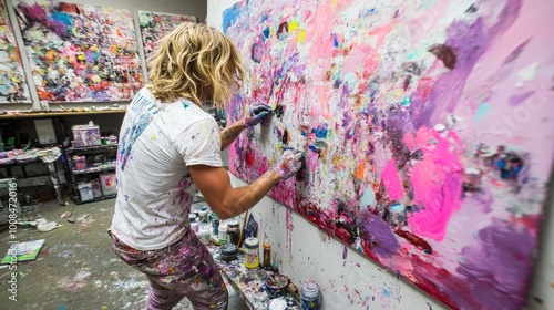 A robot artist painting a vibrant, abstract piece on canvas in a modern art studio --chaos 50