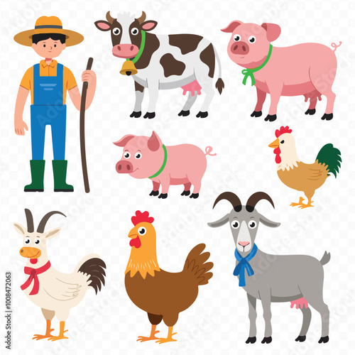 Famer Animal Clipart Bundle on transparent Background with cow chicken pig horse goat sheep
