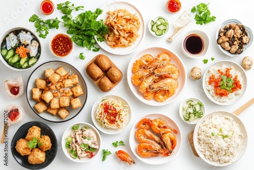 Assorted asian dishes and snacks on a white background. Traditional food concept. Top view. Panorama with copy space - generative ai