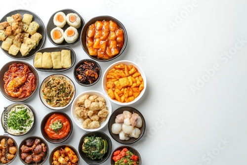 Assorted asian dishes and snacks on a white background. Traditional food concept. Top view. Panorama with copy space - generative ai