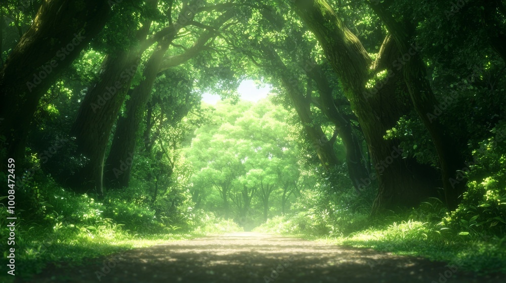 Fototapeta premium Whimsical Woodland Dreamscape, a vibrant anime cartoon-style backdrop featuring lush trees, enchanting foliage, and a serene atmosphere inviting adventure and imagination.