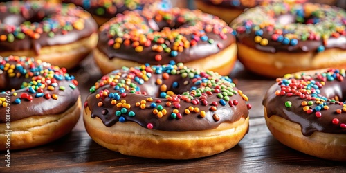 A close-up of a row of chocolate-covered donuts with colorful sprinkles, showcasing their rich frosting and the texture of the dough.