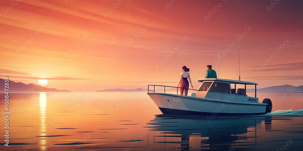 Couple enjoying a serene sunset on a boat in calm waters Couple enjoying a serene sunset on a boat in calm waters