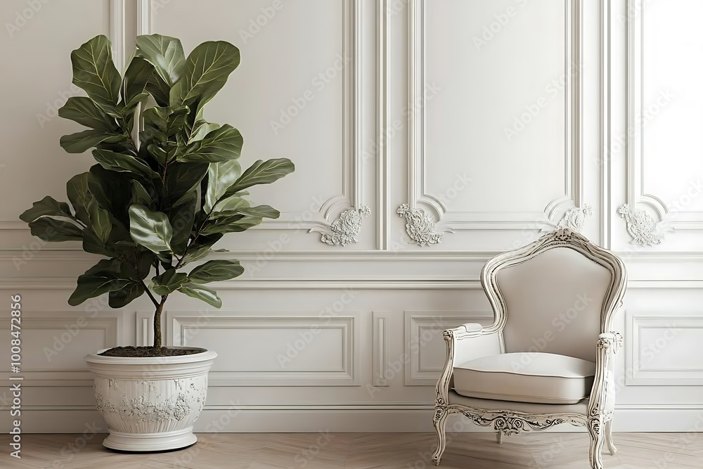 Elegant interior featuring a chair and a potted plant. Elegant interior featuring a chair and a potted plant.