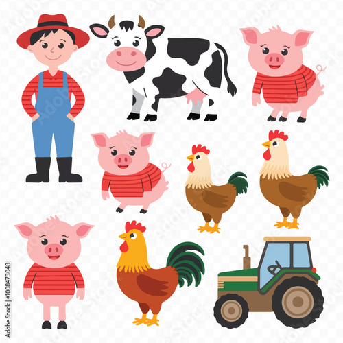 Famer Animal Clipart Bundle on transparent Background with cow chicken pig horse goat sheep