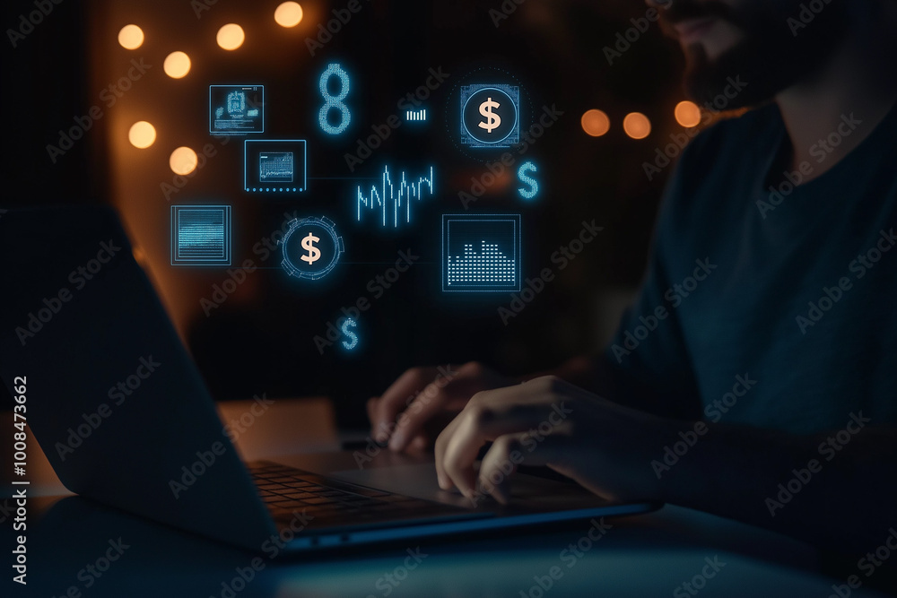 Business professional working on a laptop with financial technology icons, representing online trading, data analytics, and digital finance Business professional working on a laptop with financial technology icons, representing online trading, data analytics, and digital finance