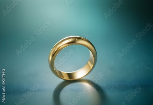 A close-up of a gold ring with a circular design, floating against a blurred background