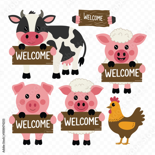 Famer Animal Clipart Bundle on transparent Background with cow chicken pig horse goat sheep