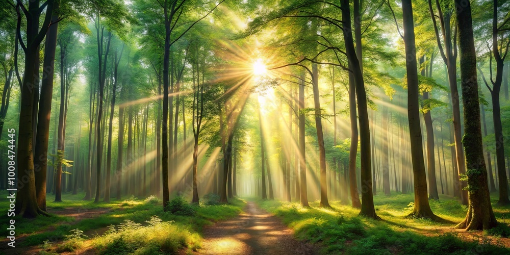 Golden Rays Illuminating a Tranquil Forest Path, Where Nature's Beauty Unfolds in a Symphony of Green, Light, and Shadow Golden Rays Illuminating a Tranquil Forest Path, Where Nature's Beauty Unfolds in a Symphony of Green, Light, and Shadow
