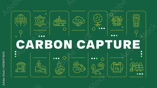 Carbon capture green word concept. Nature environment, preservation. Deforestation, pollution. Horizontal vector image. Headline text surrounded by editable outline icons. Hubot Sans font used