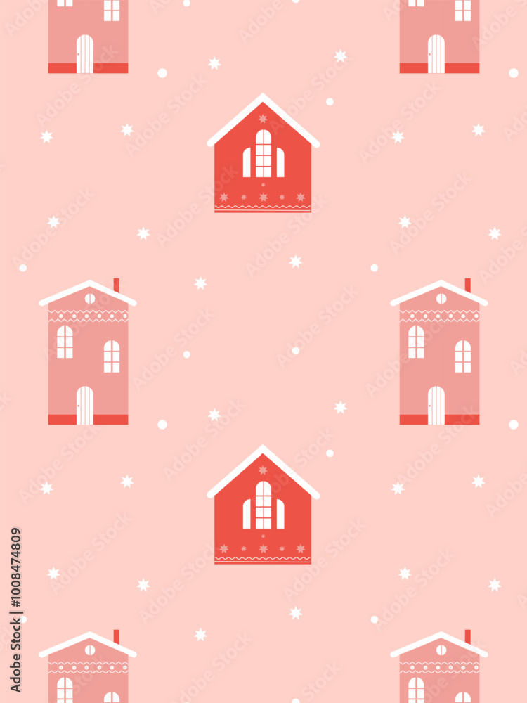 cute pattern for Christmas with fabulous cute houses on a pink background cute pattern for Christmas with fabulous cute houses on a pink background