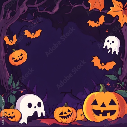 Spooky Cartoon Halloween Background with Pumpkins Ghosts and Bats in Haunted Forest