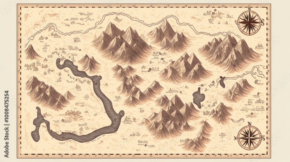 Naklejka premium Hand-drawn vintage map with mountains, a river, and compass roses.