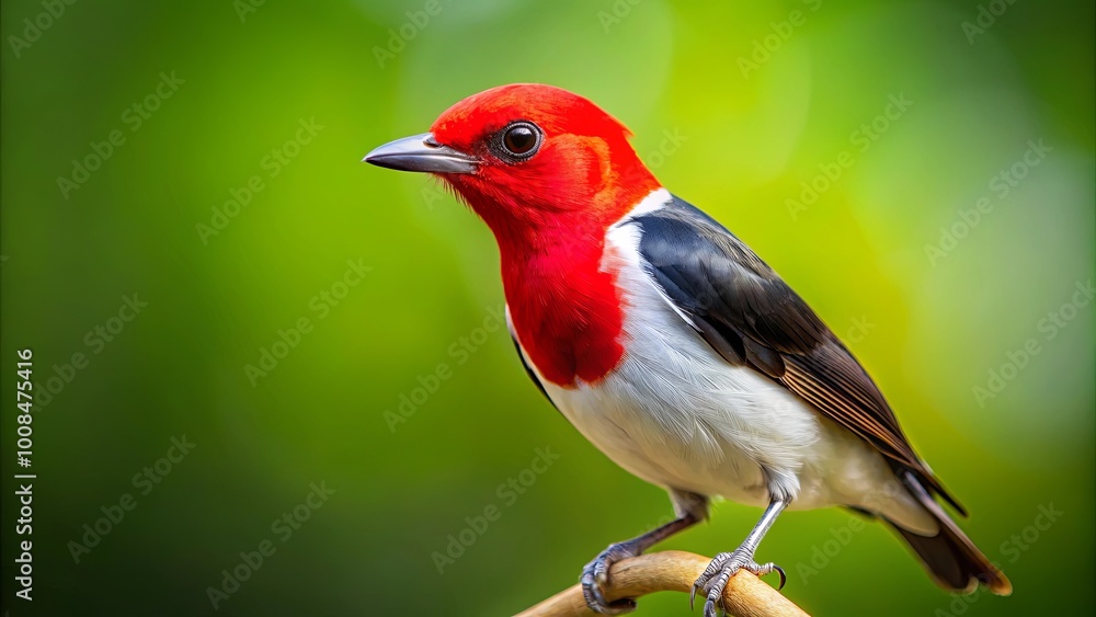Fototapeta premium A Striking Scarlet Bird Perched on a Branch, Its Red and White Plumage Vibrant Against a Lush Green Background