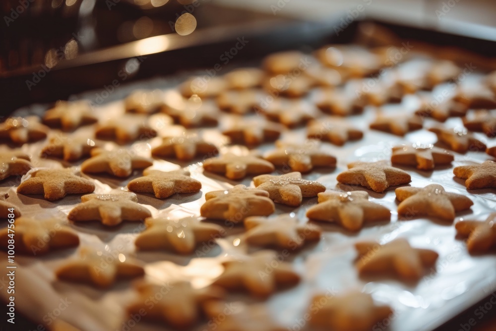 Festive scene of Christmas cookies being baked and decorated in a cozy kitchen. Festive scene of Christmas cookies being baked and decorated in a cozy kitchen.