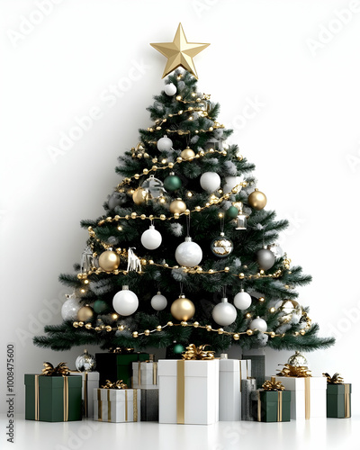 A beautifully decorated Christmas tree adorned with gold and white ornaments, topped with a golden star. Neatly wrapped gifts in matching colors sit beneath the tree, creating a festive and elegant ho
