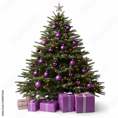 A beautifully decorated Christmas tree with purple baubles and warm white lights. Wrapped gifts in matching purple and silver are placed underneath. The festive scene radiates elegance and holiday joy