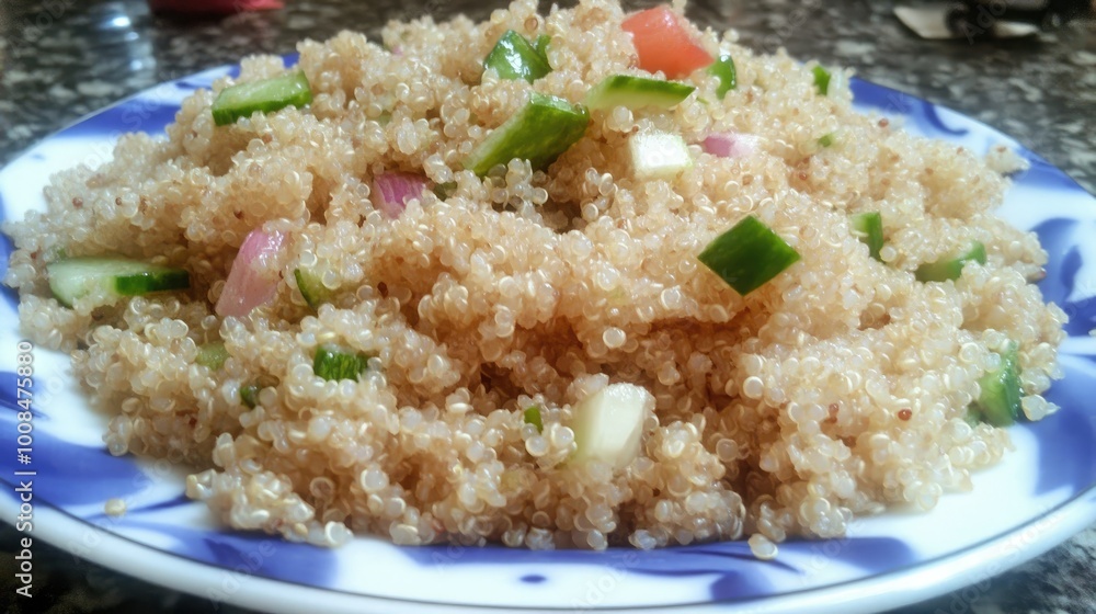 A serving of quinoa salad with fresh vegetables, served as a healthy side dish