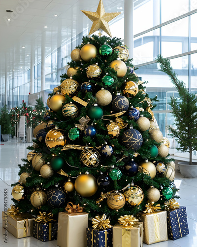 A grand Christmas tree adorned with gold, green, and blue ornaments, topped with a glittering star. Beautifully wrapped gifts in matching colors sit beneath the tree, creating a luxurious holiday scen
