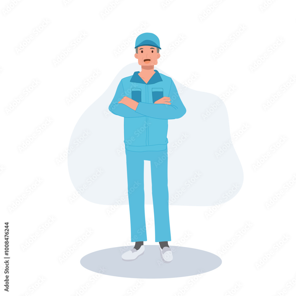 Male Cleaner Cartoon in Blue Uniform Standing Confidently with Arms Crossed.
