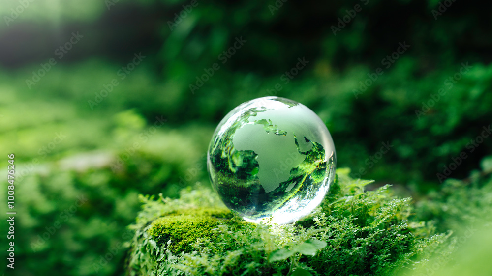 Crystal globe glass on green moss in forest to protect nature Save and care World for sustainable. concept of the environment ecology and Earth Day. eco environment and ESG concept. Crystal globe glass on green moss in forest to protect nature Save and care World for sustainable. concept of the environment ecology and Earth Day. eco environment and ESG concept.