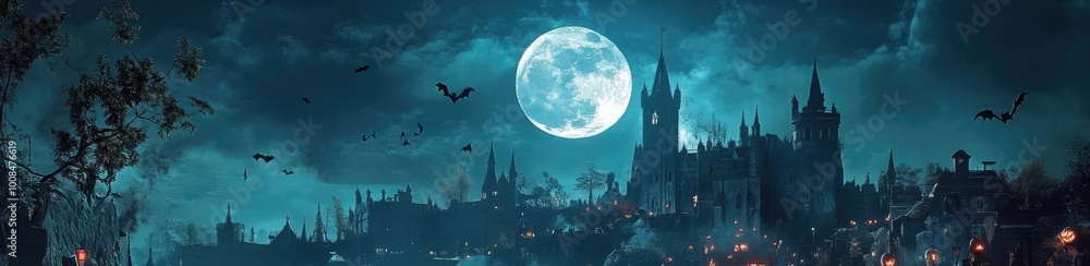 A haunting nighttime scene with glowing pumpkins, a full moon, and eerie silhouettes, perfect for Halloween themes and decorations. A haunting nighttime scene with glowing pumpkins, a full moon, and eerie silhouettes, perfect for Halloween themes and decorations.