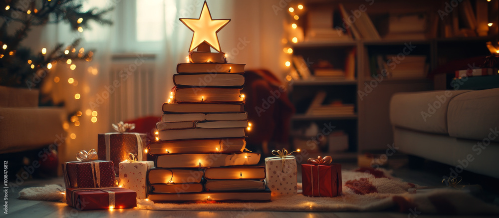 Alternative Eco christmas tree made from pile of books and lights. Creative Tree DIY on holiday background. banner with place for text. Idea creative Zero waste decorations Interior at holiday Alternative Eco christmas tree made from pile of books and lights. Creative Tree DIY on holiday background. banner with place for text. Idea creative Zero waste decorations Interior at holiday