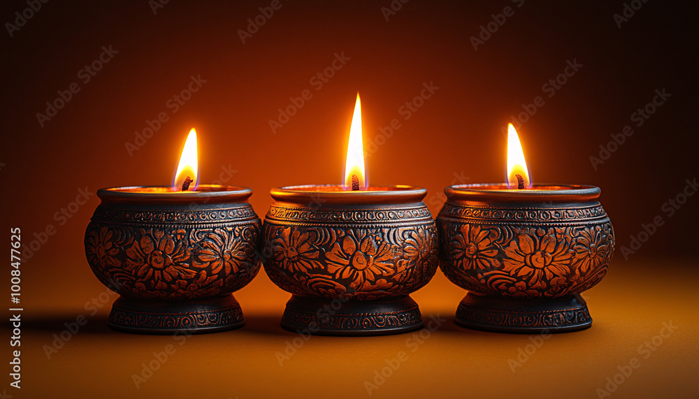 Three glowing oil lamps arranged symmetrically, illuminating a warm gold background, designed for a festive ambiance, evoking traditional Diwali festivities. Three glowing oil lamps arranged symmetrically, illuminating a warm gold background, designed for a festive ambiance, evoking traditional Diwali festivities.