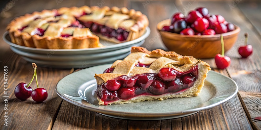 A slice of cherry pie on a plate with cherries and a whole pie in the background, rustic wooden table A slice of cherry pie on a plate with cherries and a whole pie in the background, rustic wooden table