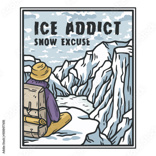 Brave adventurer takes a break from mountaineering to admire snowy peaks, offering a serene view for vintage t shirt designs