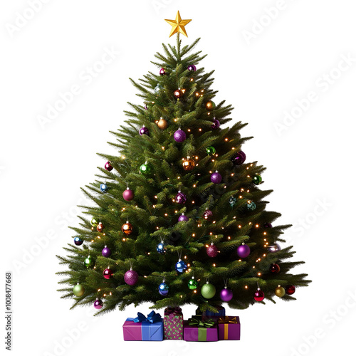 Beautiful Christmas tree adorned with vibrant ornaments in purple, green, and gold. Presents wrapped in festive paper sit beneath, creating a warm and joyful holiday atmosphere.