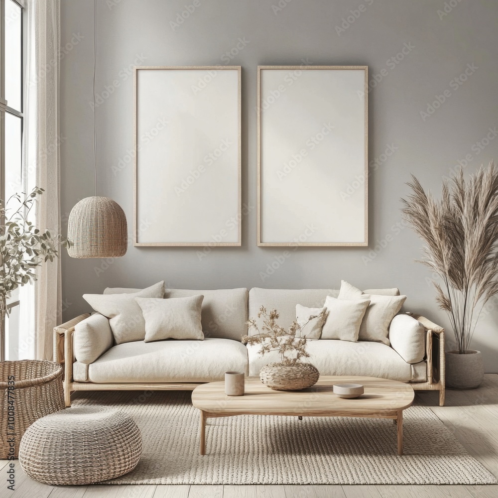 Fototapeta premium A living room with a white couch and a coffee table. There are two empty picture frames on the wall