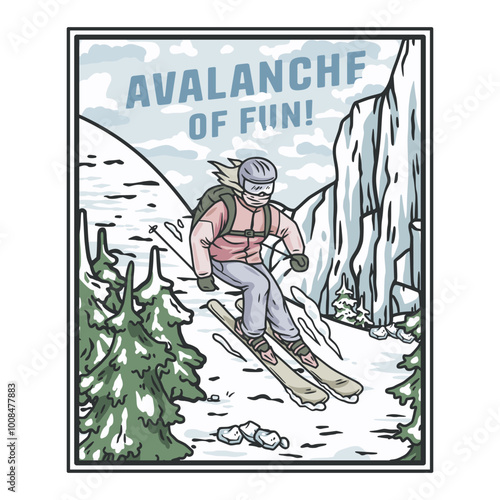 Skier carves down a snowy mountainside with pine trees and cliffs in the background, enjoying the thrill of winter sports