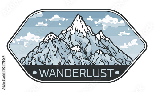 Snowy mountain peaks reaching towards the sky in a vintage emblem inspiring outdoor adventures. Hike, trek, and climb in this breathtaking landscape, embracing freedom and inspiration