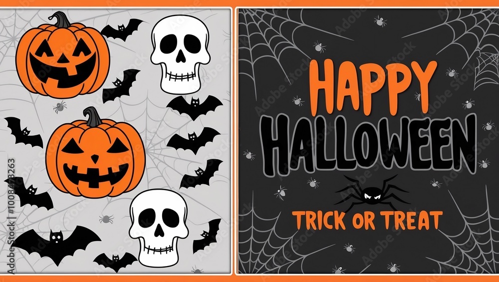 Halloween-themed on the left side, there are cartoonish skulls, and carved pumpkins. On the right side, bold, playful text reads 'HAPPY HALLOWEEN' in large letters, and 'TRICK OR TREAT' Halloween-themed on the left side, there are cartoonish skulls, and carved pumpkins. On the right side, bold, playful text reads 'HAPPY HALLOWEEN' in large letters, and 'TRICK OR TREAT'