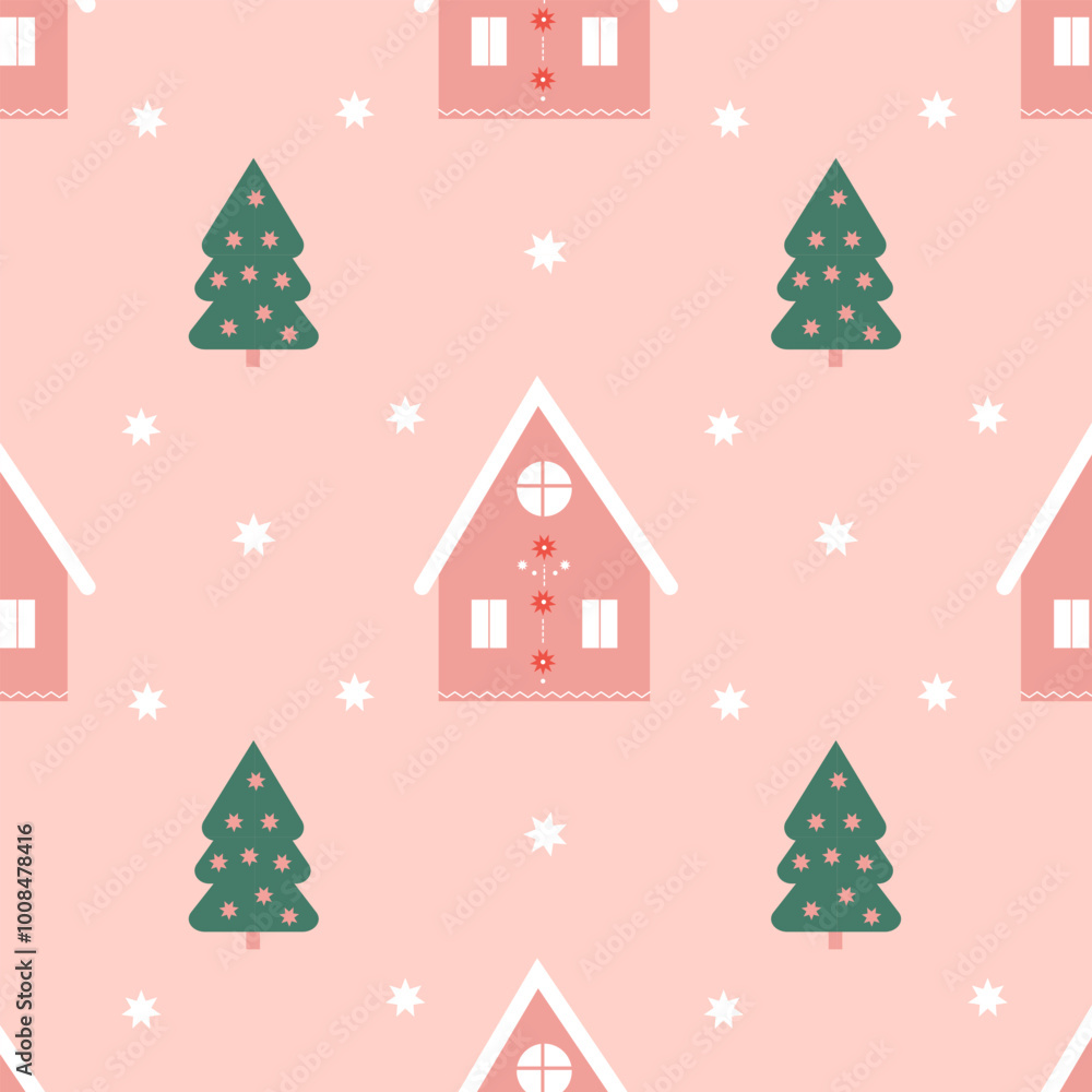 Naklejka premium a pattern with a winter house, fir trees and snowmen and snowflakes